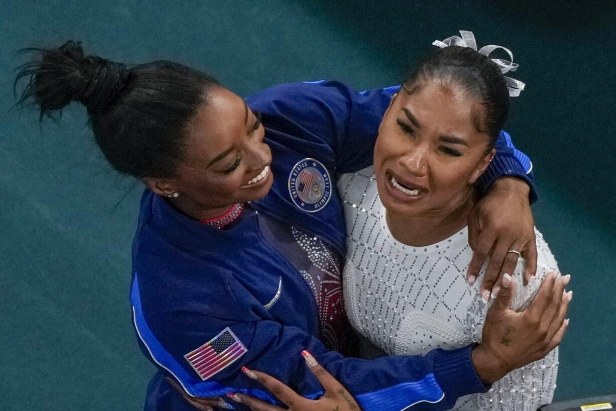 Jordan Chiles, of the United States, and Simone Biles, of the United States, celebrate after the women's artistic gymnastics individual floor finals in Bercy Arena at the 2024 Summer Olympics, Monday, Aug. 5, 2024, in Paris, France. Biles won the silver medal and Chiles the bronze medal.