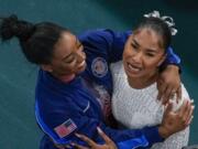 Jordan Chiles, of the United States, and Simone Biles, of the United States, celebrate after the women's artistic gymnastics individual floor finals in Bercy Arena at the 2024 Summer Olympics, Monday, Aug. 5, 2024, in Paris, France. Biles won the silver medal and Chiles the bronze medal.