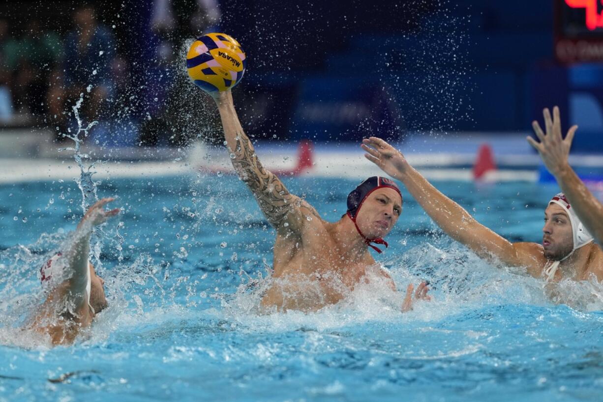 United States' Hannes Daube scores a goal during a men's Group A preliminary match between Croatia and USA, at the 2024 Summer Olympics, Monday, Aug. 5, 2024, in Paris.