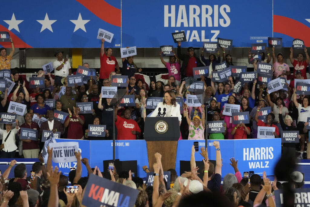 Democratic presidential nominee Vice President Kamala Harris speaks at a campaign rally Wednesday, Aug. 7, 2024, in Romulus, Mich.