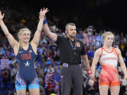 Helen Louise Maroulis, of the United State, celebrates after defeating Canada's Hannah Fay Taylor during their women's freestyle 57kg bronze medal wrestling match, at Champ-de-Mars Arena, during the 2024 Summer Olympics, Friday, Aug. 9, 2024, in Paris, France.