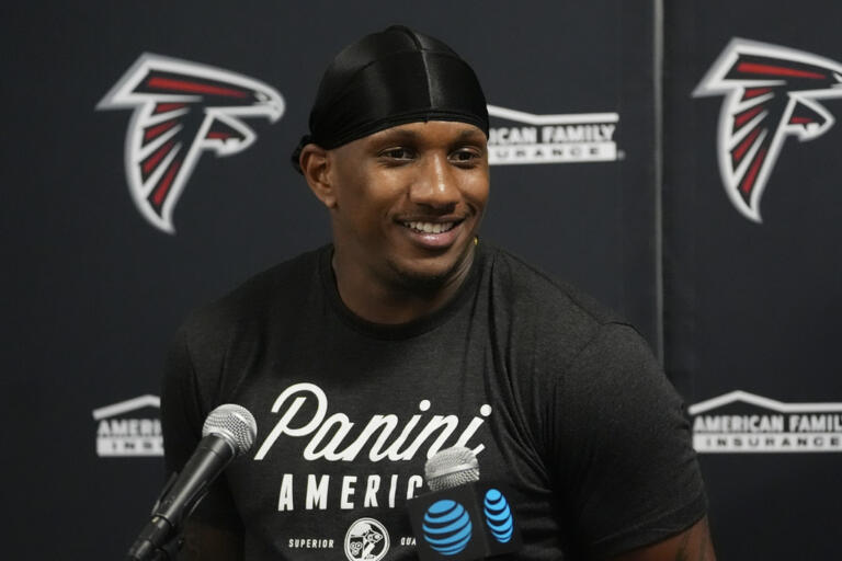 Atlanta Falcons quarterback Michael Penix Jr. (9) speaks during a post game news conference following a pre season NFL football game Miami Dolphins, Friday, Aug. 9, 2024, in Miami Gardens, Fla.