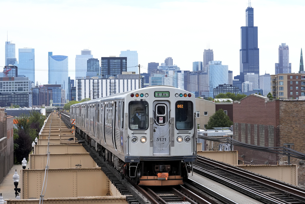 A Chicago Transit Authority train pulls into the new Damen Ave. station just two blocks from the United Center Monday, Aug. 12, 2024, one week before the start of the Democratic National Convention in Chicago.