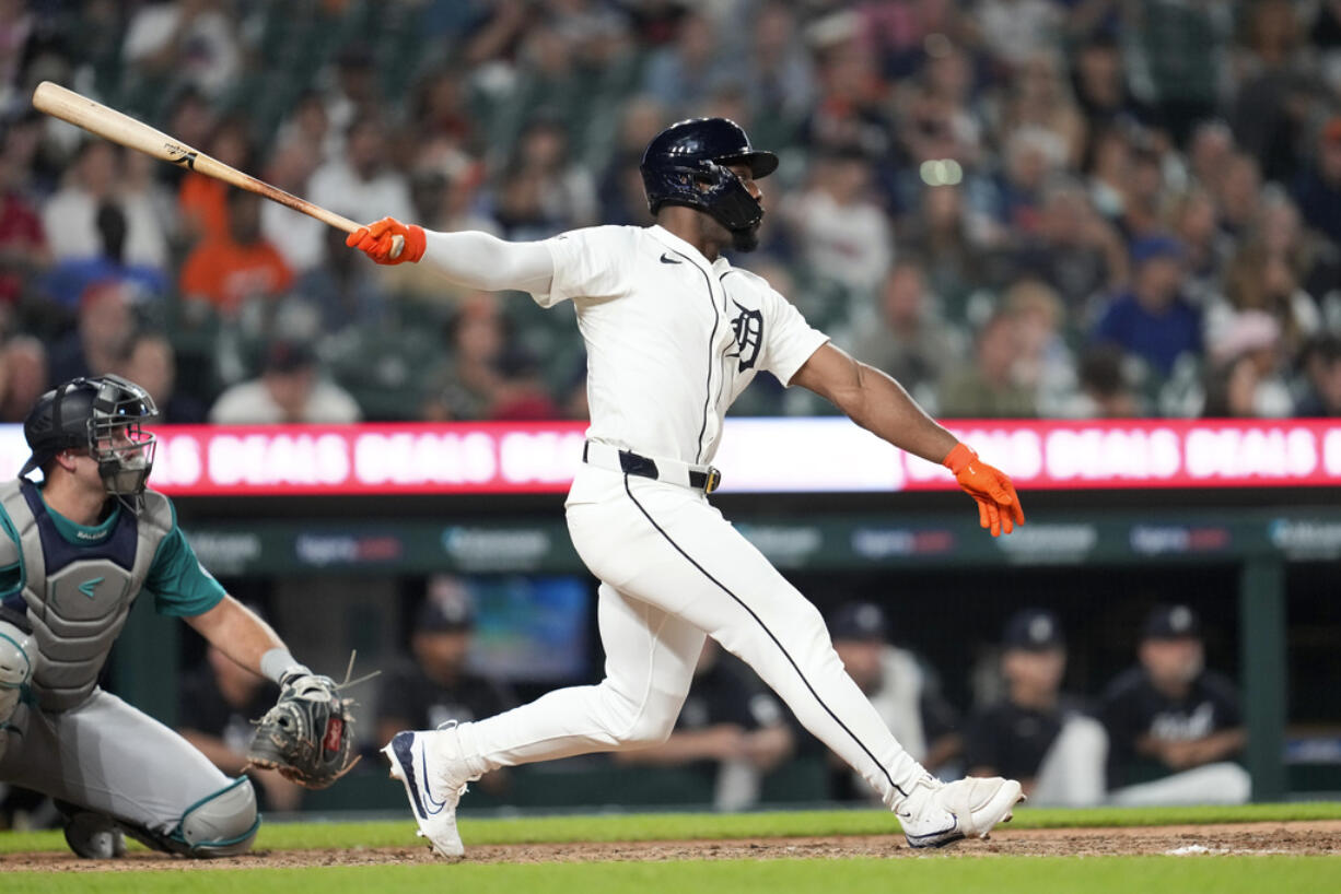 Detroit Tigers' Akil Baddoo hits a one-run walk-off double against the Seattle Mariners in the 10th inning of a baseball game, Wednesday, Aug. 14, 2024, in Detroit.