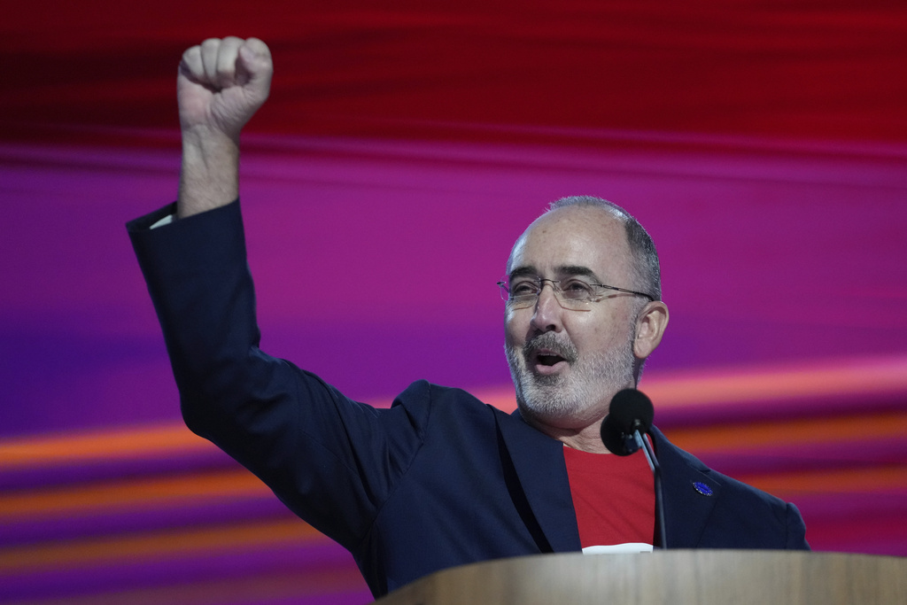 Shawn Fain, president of the United Automobile Workers, speaks during the Democratic National Convention Monday, Aug. 19, 2024, in Chicago.