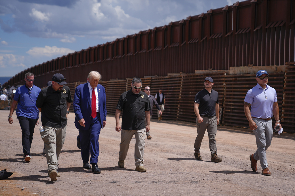 Republican presidential nominee former President Donald Trump tours the southern border with Mexico, Thursday, Aug. 22, 2024, in Sierra Vista, Ariz.