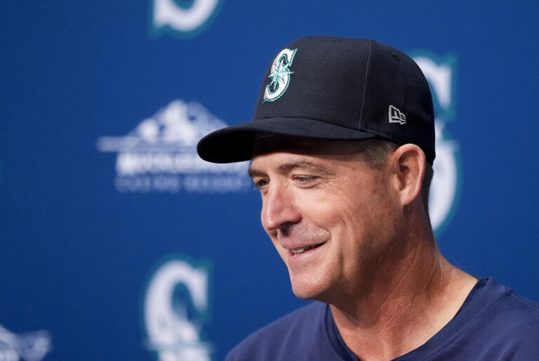 Seattle Mariners manager Dan Wilson speaks during a news conference before a baseball game against the San Francisco Giants, Friday, Aug. 23, 2024, in Seattle.