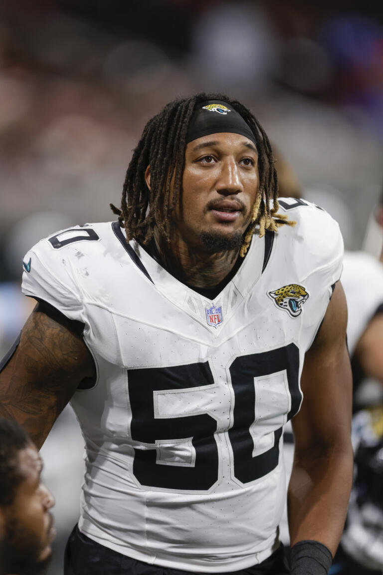 Jacksonville Jaguars defensive end Trevis Gipson (50) on the sideline during the second half of an NFL preseason football game against the Atlanta Falcons, Friday, Aug. 23, 2024, in Atlanta.