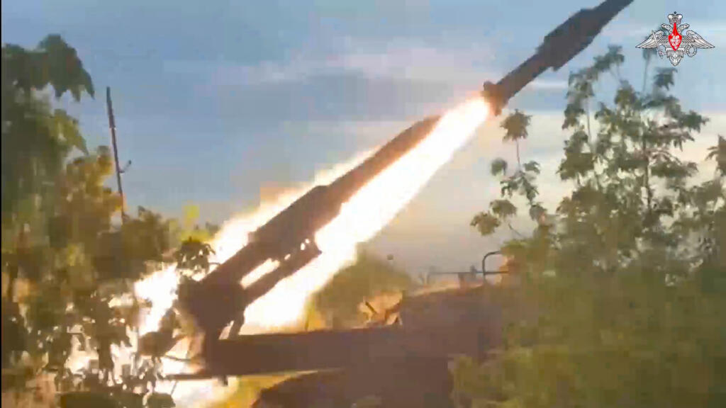 In this photo taken from video released by the Russian Defense Ministry on Sunday, Aug. 25, 2024, a Russian Army Buk-2M self-propelled, medium-range surface-to-air missile system fires at air targets in an undisclosed location in Ukraine.