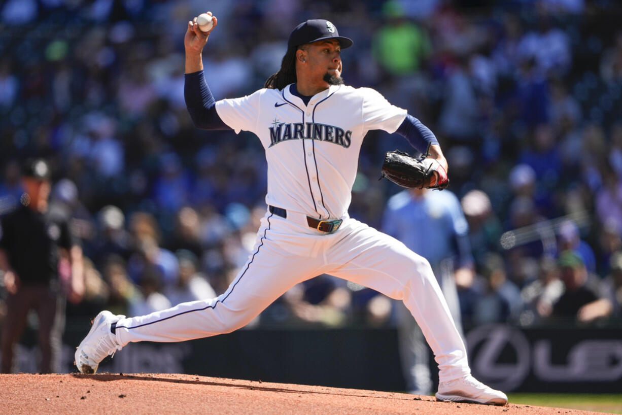 Seattle Mariners starting pitcher Luis Castillo throws against the Tampa Bay Rays during the first inning of a baseball game, Wednesday, Aug. 28, 2024, in Seattle.