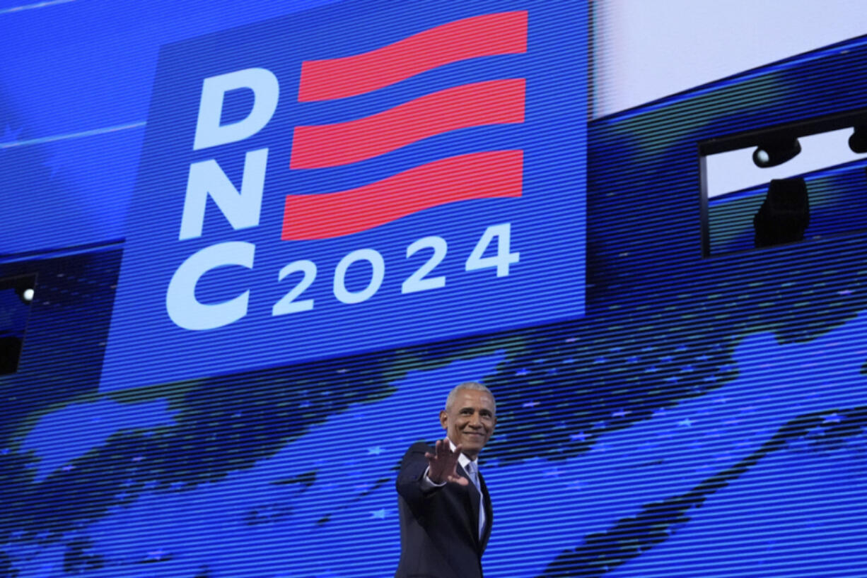 Former President Barack Obama speaks during the Democratic National Convention Tuesday, Aug. 20, 2024, in Chicago.