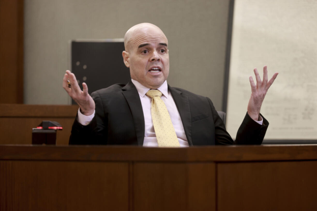 Robert Telles addresses the jury during his murder trial at the Regional Justice Center in Las Vegas, Friday, Aug. 23, 2024. Telles, a former Clark County public administrator, is charged in the murder of Las Vegas Review-Journal investigative journalist Jeff German. (K.M.