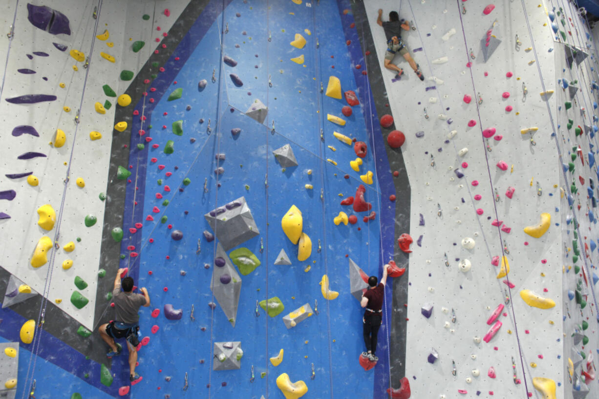 Participants ascend a climbing wall at Reach Climbing and Fitness in Bridgeport, Pa., on Wednesday, July 31, 2024.