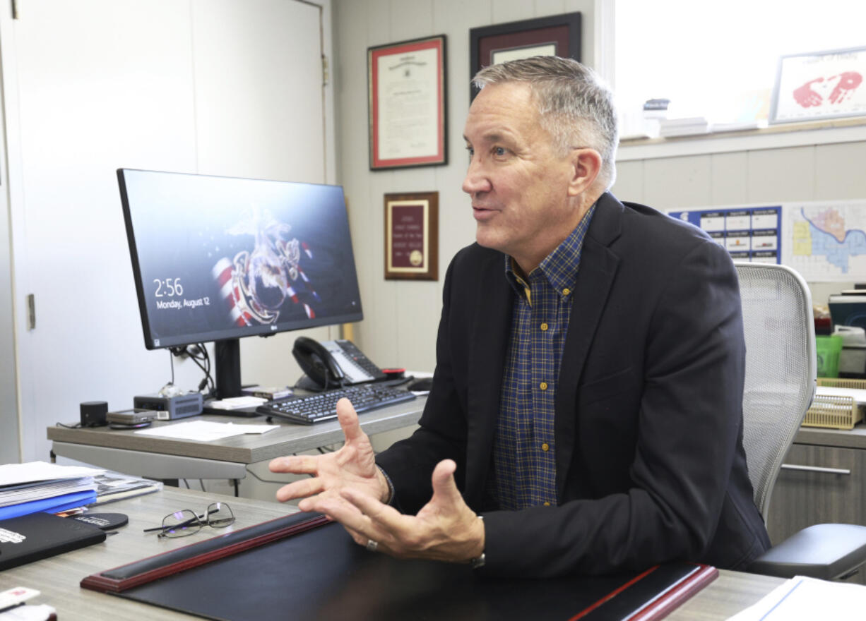 Rob Miller, superintendent of Bixby Public Schools, speaks about the Bible mandate in Oklahoma schools on Monday, Aug. 12, 2024, at the administration offices in Bixby, Okla.