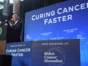 President Joe Biden speaks at Tulane University, Tuesday, Aug. 13, 2024, in New Orleans, as he promotes his &quot;moonshot&quot; initiative aimed at reducing cancer deaths.