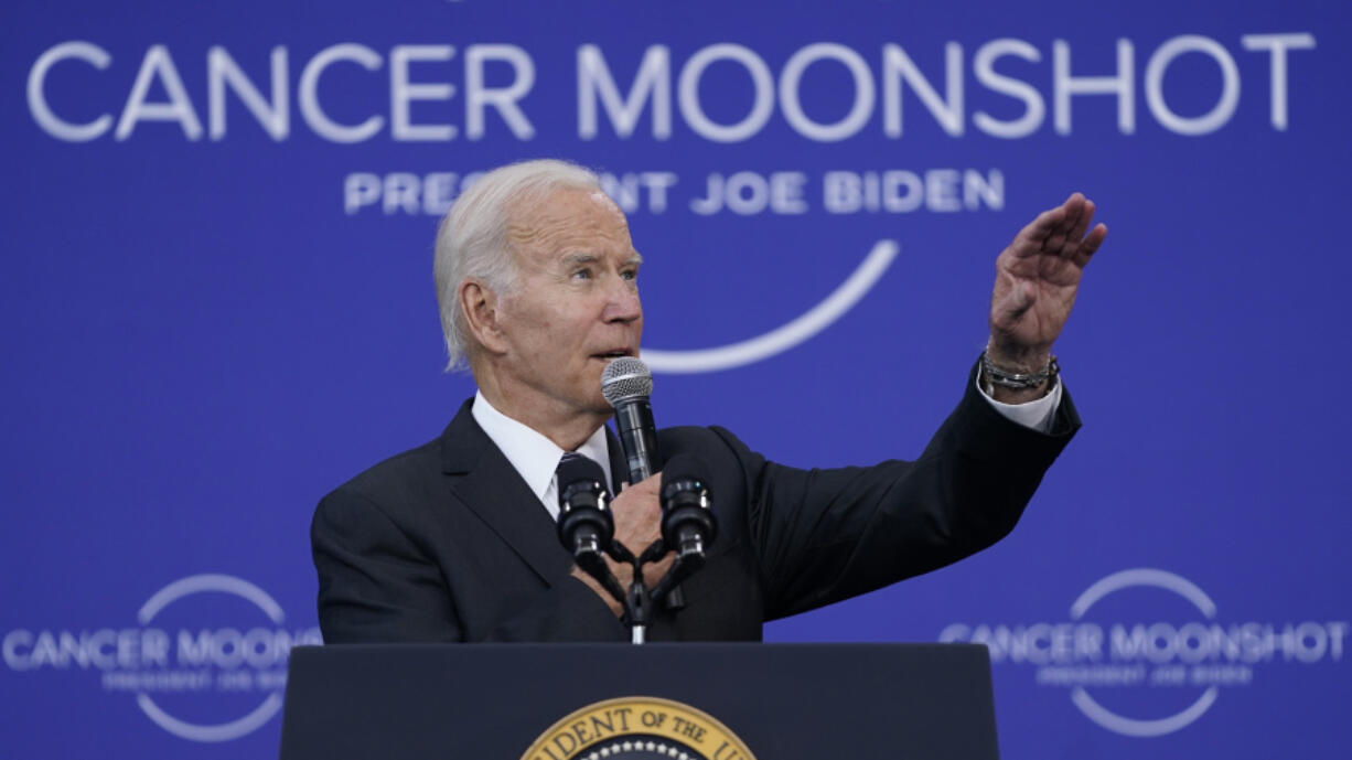 FILE - President Joe Biden speaks on the cancer moonshot initiative at the John F. Kennedy Library and Museum, Sept. 12, 2022, in Boston.