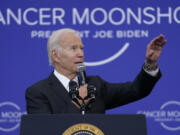 FILE - President Joe Biden speaks on the cancer moonshot initiative at the John F. Kennedy Library and Museum, Sept. 12, 2022, in Boston.