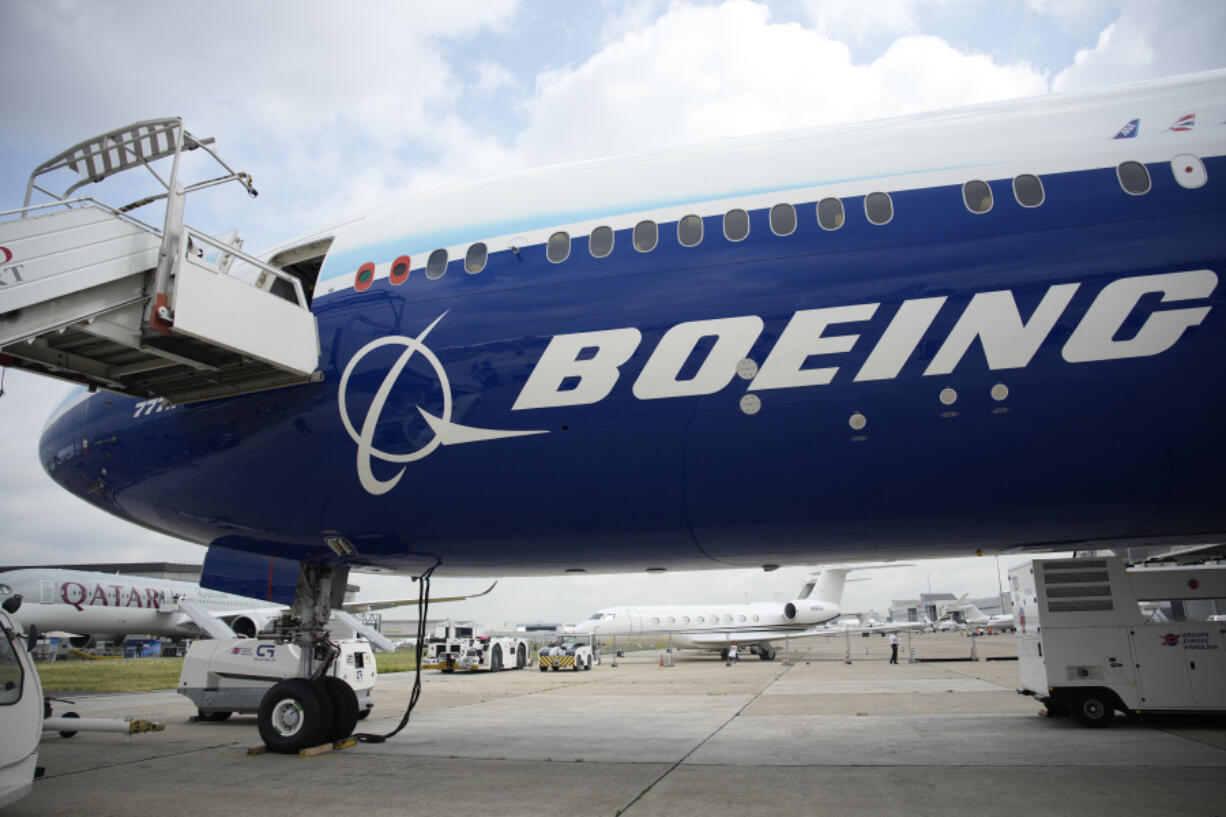 FILE - The Boeing 777X airplane is shown at the Paris Air Show in Le Bourget, north of Paris, France, on June 19, 2023.