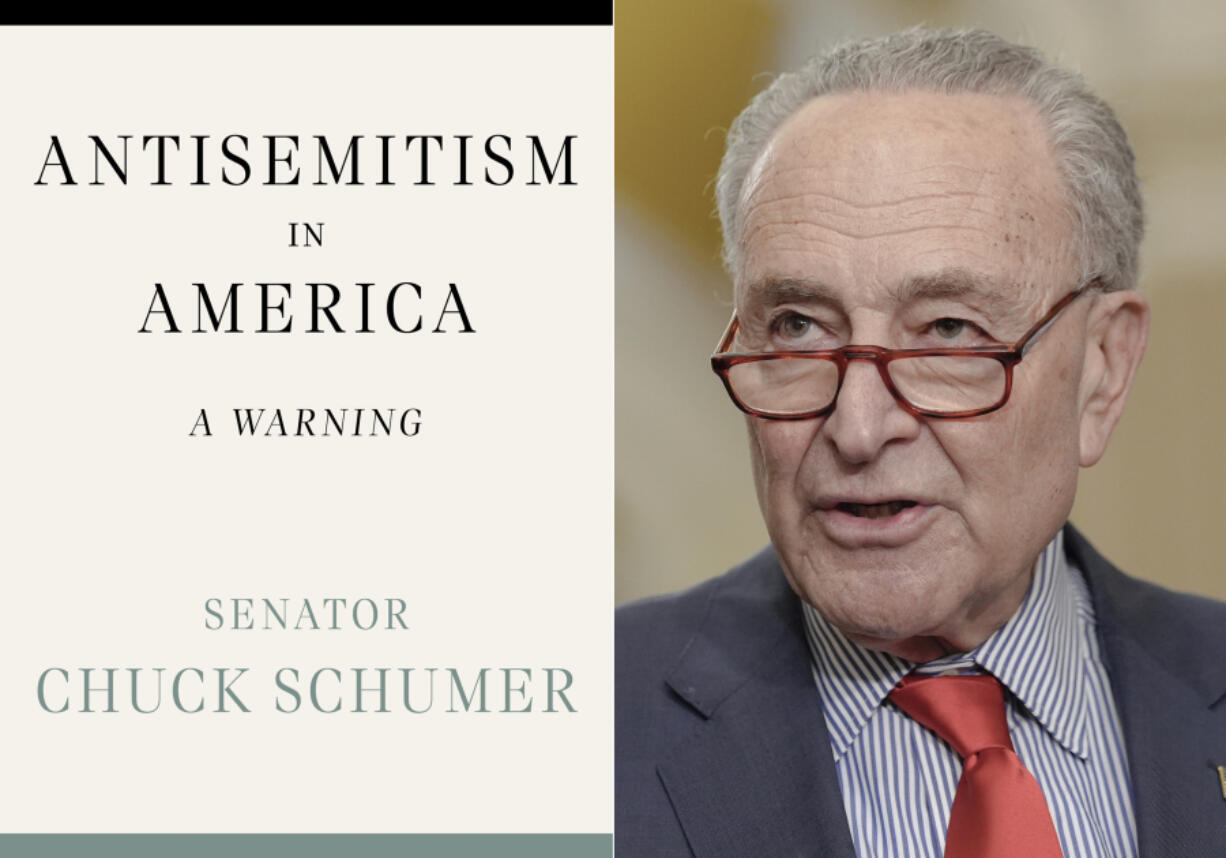 This combination of photos shows cover art for &ldquo;Antisemitism in America: A Warning&rdquo; by Sen. Chuck Schumer, left, and Schumer speaking at a news conference on Capitol Hill in Washington on March 12, 2024.