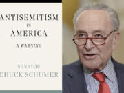 This combination of photos shows cover art for &ldquo;Antisemitism in America: A Warning&rdquo; by Sen. Chuck Schumer, left, and Schumer speaking at a news conference on Capitol Hill in Washington on March 12, 2024.