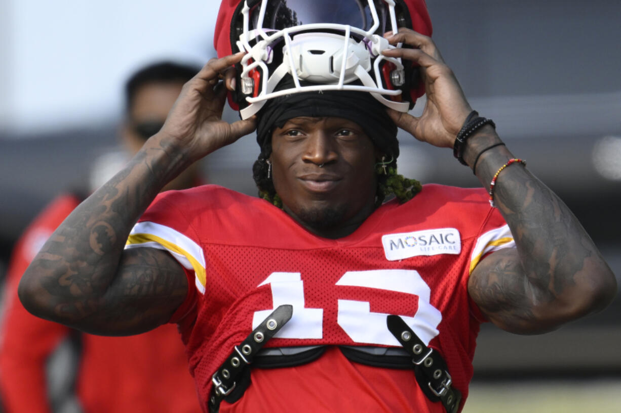 FILE - Kansas City Chiefs wide receiver Kadarius Toney walks to the field at the start of an NFL football training camp, July 27, 2024, in St. Joseph, Mo.