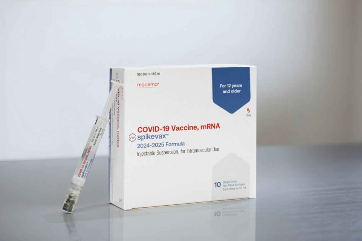 This photo provided by Moderna in August 2024 shows packaging and a syringe for the company&rsquo;s updated COVID vaccine for ages 12 and older approved by the U.S. Food and Drug Administration on Thursday, Aug. 22, 2024.