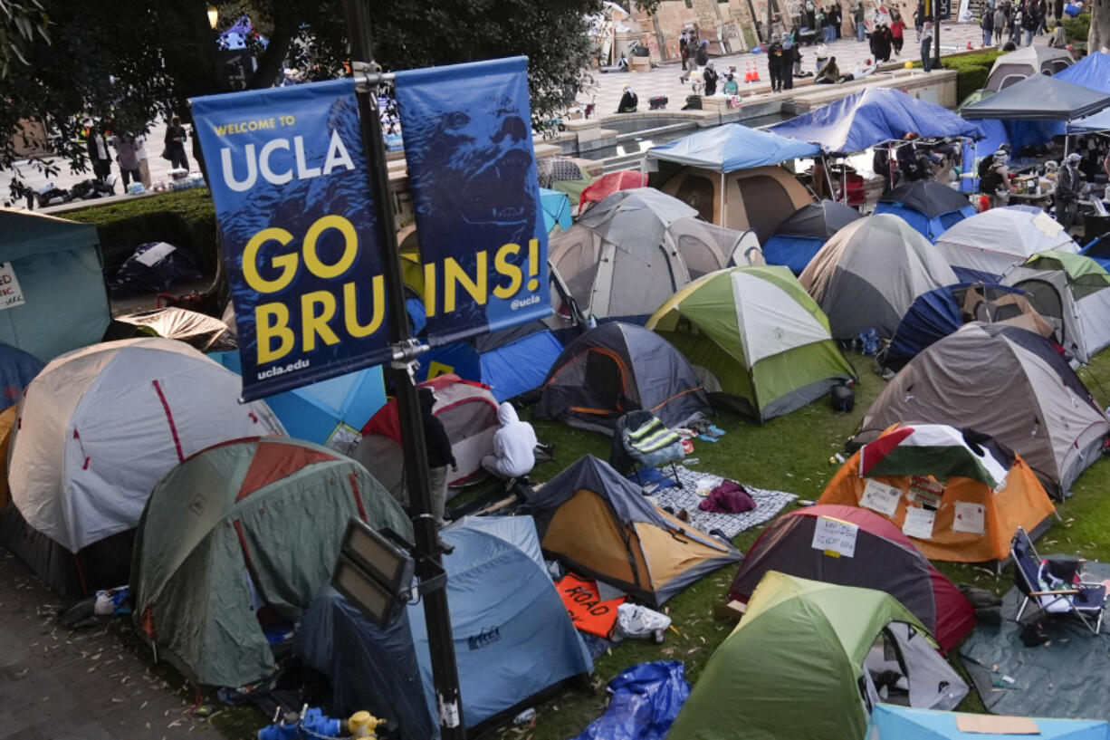 Tents sit in an encampment May 1 on the UCLA campus after clashes between pro-Israel and pro-Palestinian groups in Los Angeles. (Jae C.