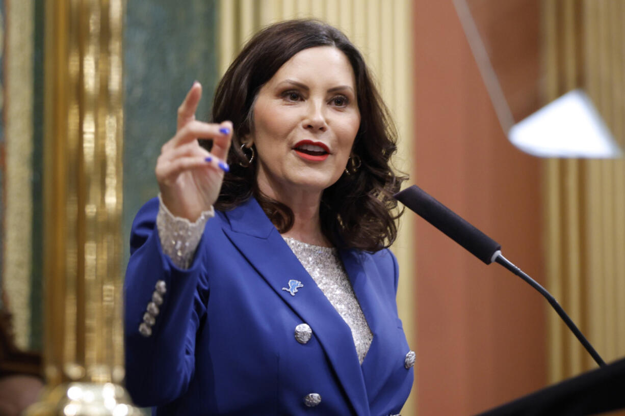 FILE - Michigan Gov. Gretchen Whitmer delivers her State of the State address, Jan. 24, 2024, at the state Capitol in Lansing, Mich. It was billed the &ldquo;biggest ever economic development project&rdquo; in north Michigan when Gov. Gretchen Whitmer in 2022 welcomed a Chinese battery company to build a $2.36-billion factory and bring a couple thousands of jobs to Big Rapids. But now the project by the Chinese lithium-ion battery maker Gotion High-Tech is in the crosshairs of some U.S.