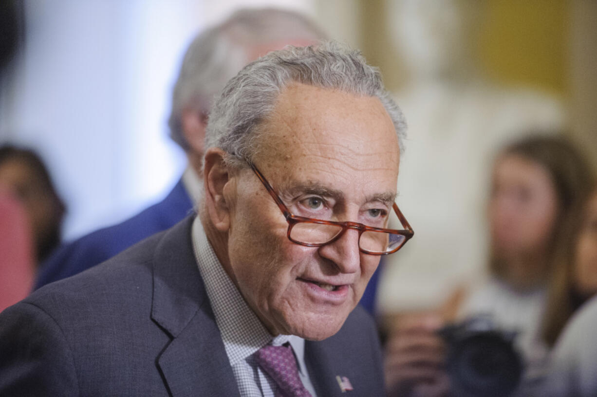 FILE - Senate Majority Leader Chuck Schumer, D-N.Y., offers remarks following the Senate Democrats policy luncheon at the U.S. Capitol, July 30, 2024, in Washington. Schumer is daring Republicans to vote against a bipartisan tax cut package aimed at expanding the child tax credit for million of families and restoring some business tax breaks.