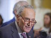 FILE - Senate Majority Leader Chuck Schumer, D-N.Y., offers remarks following the Senate Democrats policy luncheon at the U.S. Capitol, July 30, 2024, in Washington. Schumer is daring Republicans to vote against a bipartisan tax cut package aimed at expanding the child tax credit for million of families and restoring some business tax breaks.