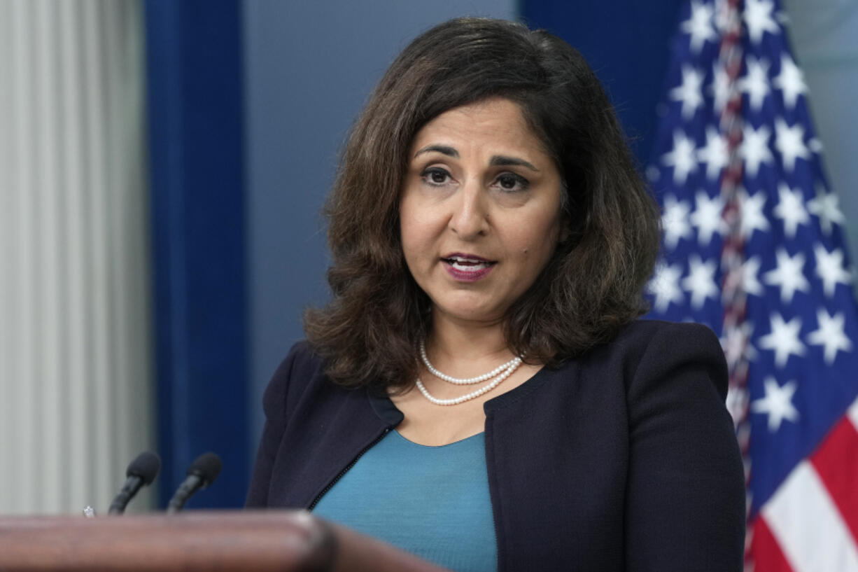 FILE - Domestic policy adviser Neera Tanden speaks during the daily briefing at the White House in Washington, Aug. 29, 2023.