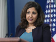 FILE - Domestic policy adviser Neera Tanden speaks during the daily briefing at the White House in Washington, Aug. 29, 2023.