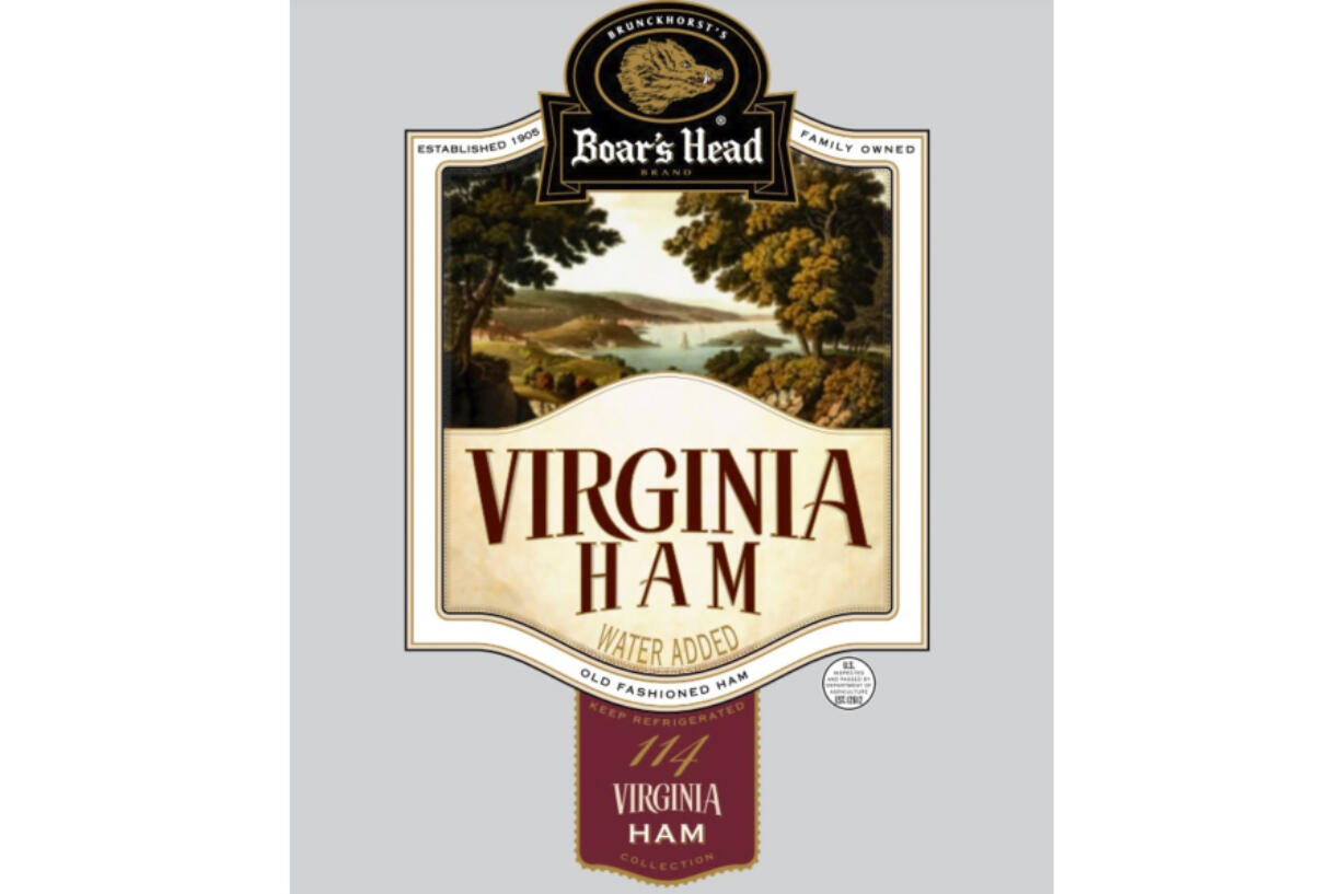 This image released by the Food Safety and Inspection Service, an agency of the United States Department of Agriculture, shows the product label for Boar&#039;s Head Virginia Ham meat, one of 71 products recalled as an investigation into a deadly listeria outbreak. The popular deli meat company is recalling an additional 7 million pounds of ready-to-eat products made at a Virginia plant as the investigation continues, U.S. Agriculture Department officials said Tuesday, July 30, 2024.