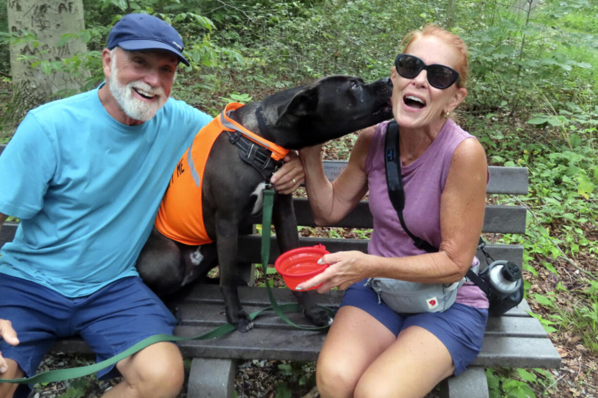 Dennis Meyer, left, smiles July 23 as Finlee gives a kiss to Diane Meyer at a park in Madison, N.J. Their visit was part of a program from the St. Hubert&rsquo;s Animal Welfare Center that lets volunteers take dogs out on day trips for a few hours to give them a break from the stress of being in a shelter.