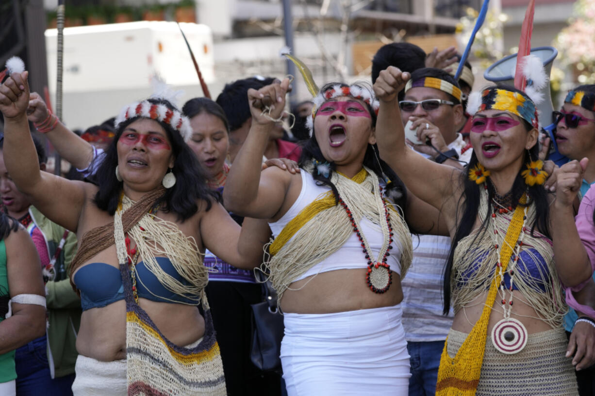 FILE - Waorani Indigenous women take part in a demonstration in Quito, Ecuador, Aug. 20, 2024, demanding authorities comply with the decision to halt oil drilling in a national park in the heart of the country&rsquo;s share of the Amazon where they live.