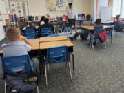 Mannika Hopkins talks with her fourth graders on the first day of school at Greenville Elementary in Greenville, Fla. on Aug. 14, 2024.