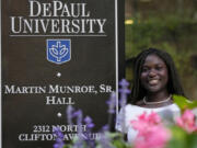 Adjovi Golo poses for photos at DePaul University in Chicago, Wednesday, Aug. 28, 2024. (AP Photo/Nam Y.