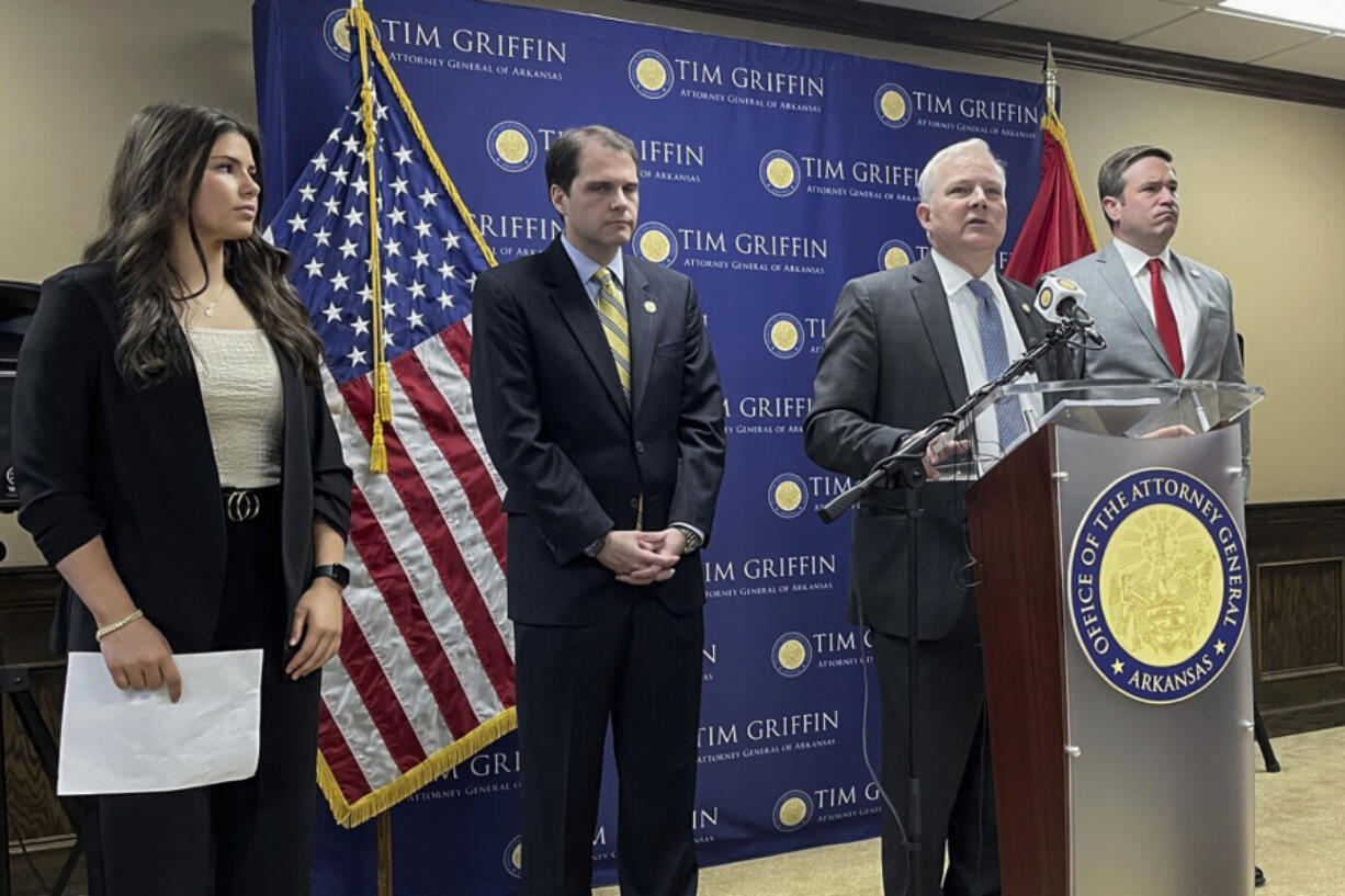 FILE - Arkansas Attorney General Tim Griffin talks about a lawsuit challenging a new regulation aimed at protecting the rights of transgender students in schools during a news conference in Little Rock, Ark., May 7, 2024. Courts have blocked the federal government from enforcing the rule in more than 20 states.