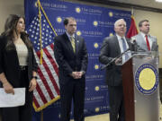 FILE - Arkansas Attorney General Tim Griffin talks about a lawsuit challenging a new regulation aimed at protecting the rights of transgender students in schools during a news conference in Little Rock, Ark., May 7, 2024. Courts have blocked the federal government from enforcing the rule in more than 20 states.