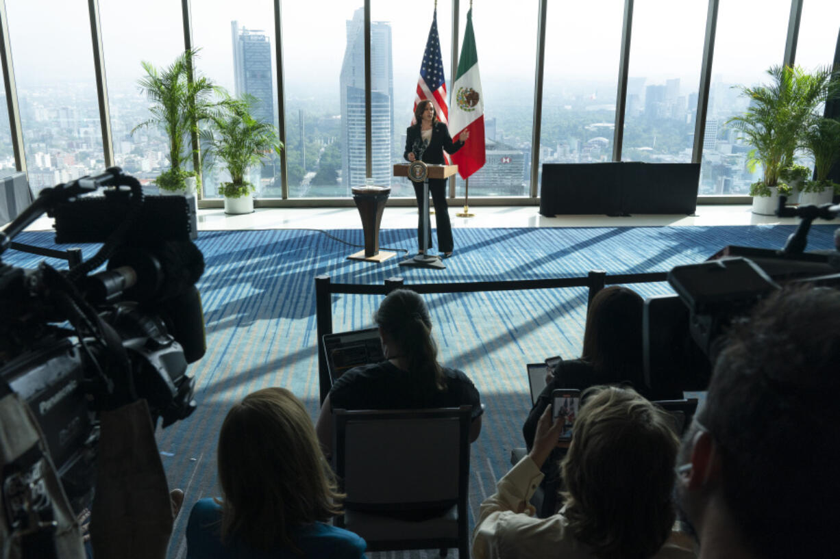 FILE - Vice President Kamala Harris speaks to the media, June 8, 2021, at the Sofitel Mexico City Reforma in Mexico City.