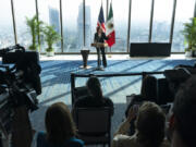 FILE - Vice President Kamala Harris speaks to the media, June 8, 2021, at the Sofitel Mexico City Reforma in Mexico City.