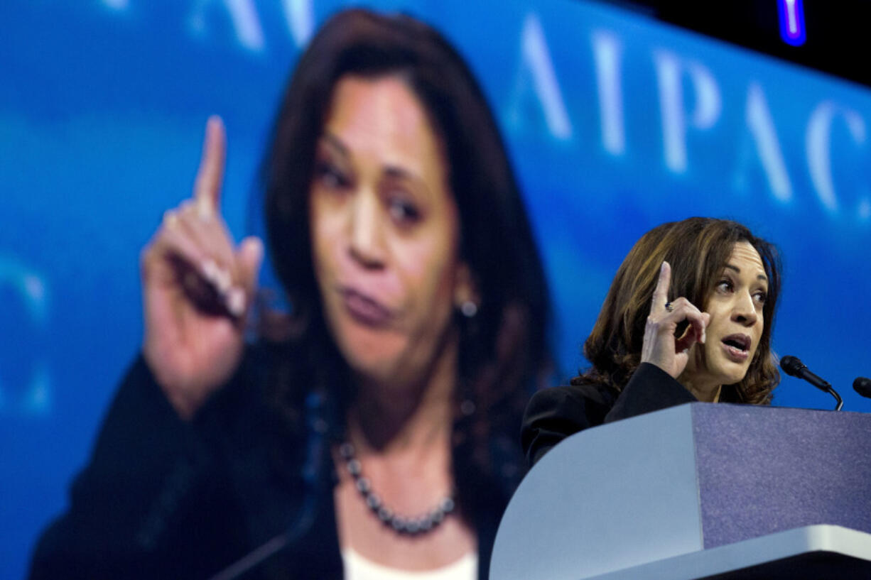 FILE - Sen. Kamala Harris D-Calif. speaks at the 2017 American Israel Public Affairs Committee (AIPAC) Policy Conference, Tuesday, March 28, 2017, at the Washington Convention Center in Washington.