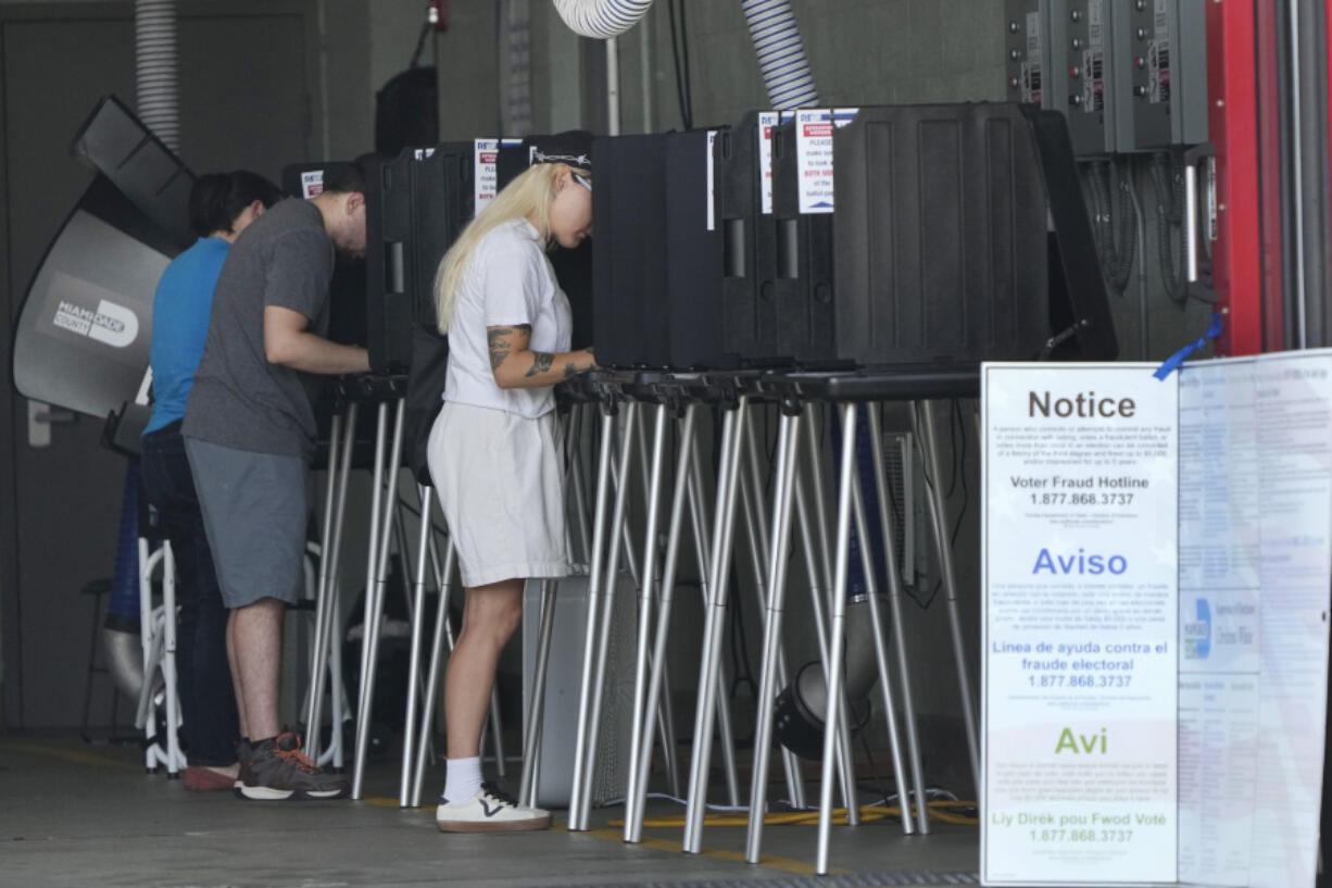 FILE - Voters cast their ballots in Florida&rsquo;s primary election, Tuesday, Aug. 20, 2024, at a polling place inside the Indian Creek Fire Station in Miami Beach, Fla.