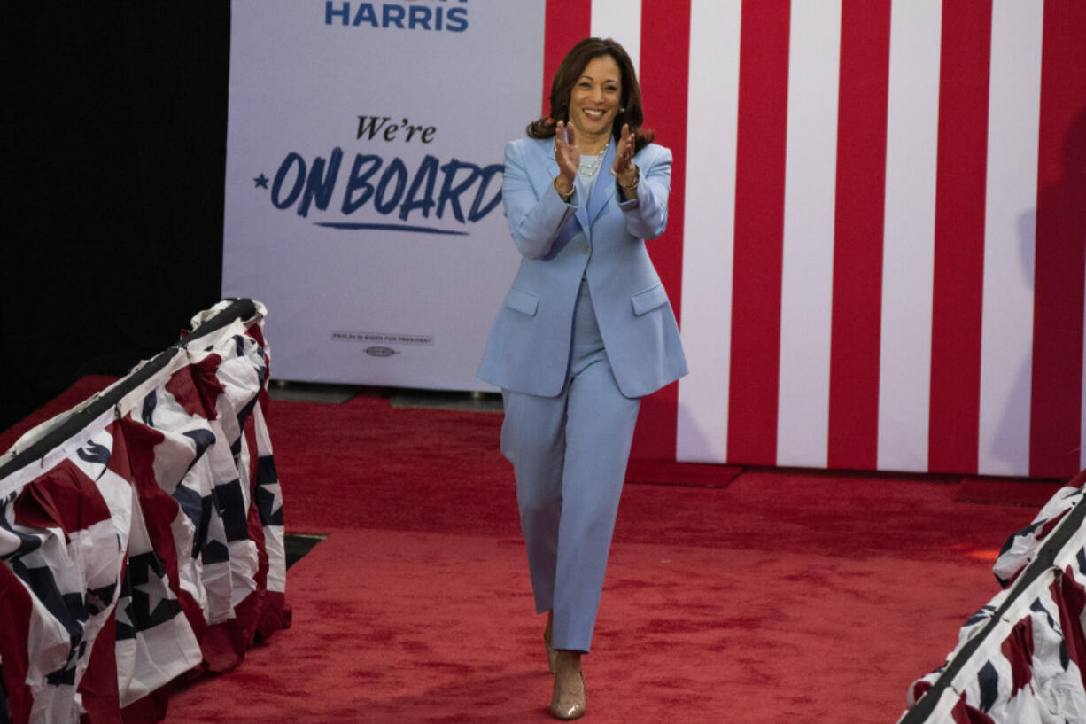 Vice President Kamala Harris walks on stage during a campaign event with President Joe Biden at Girard College, Wednesday, May 29, 2024, in Philadelphia.