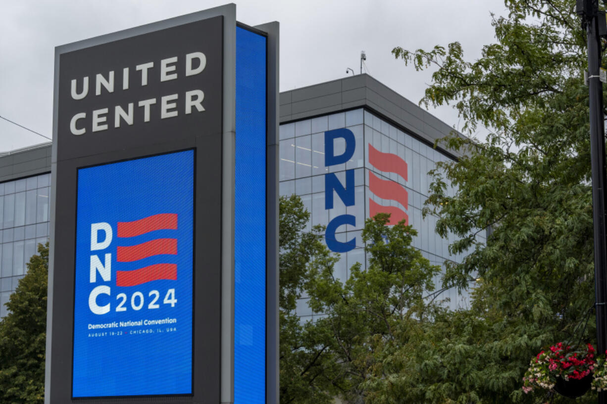 Work continues at the United Center before the upcoming Democratic National Convention, Thursday, Aug. 15, 2024, in Chicago.