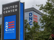 Work continues at the United Center before the upcoming Democratic National Convention, Thursday, Aug. 15, 2024, in Chicago.