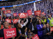 Delegates cheer as President Joe Biden speaks during the first day of Democratic National Convention, Monday, Aug. 19, 2024, in Chicago.