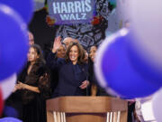 Democratic presidential nominee Vice President Kamala Harris celebrates with family and friends at the end of the Democratic National Convention Thursday, Aug. 22, 2024, in Chicago.