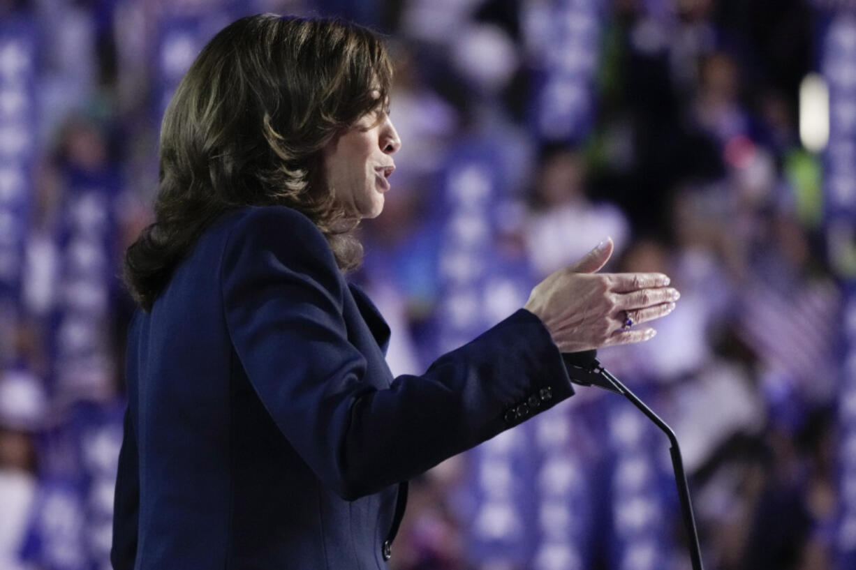 Democratic presidential nominee Vice President Kamala Harris speaks on the final day of the Democratic National Convention, Thursday, Aug. 22, 2024, in Chicago.