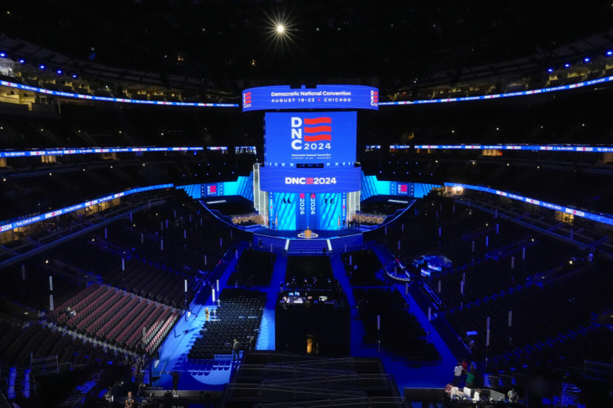 Work continues inside the United Center in preparation for next week&rsquo;s 2024 Democratic National Convention in Chicago on Friday, Aug.